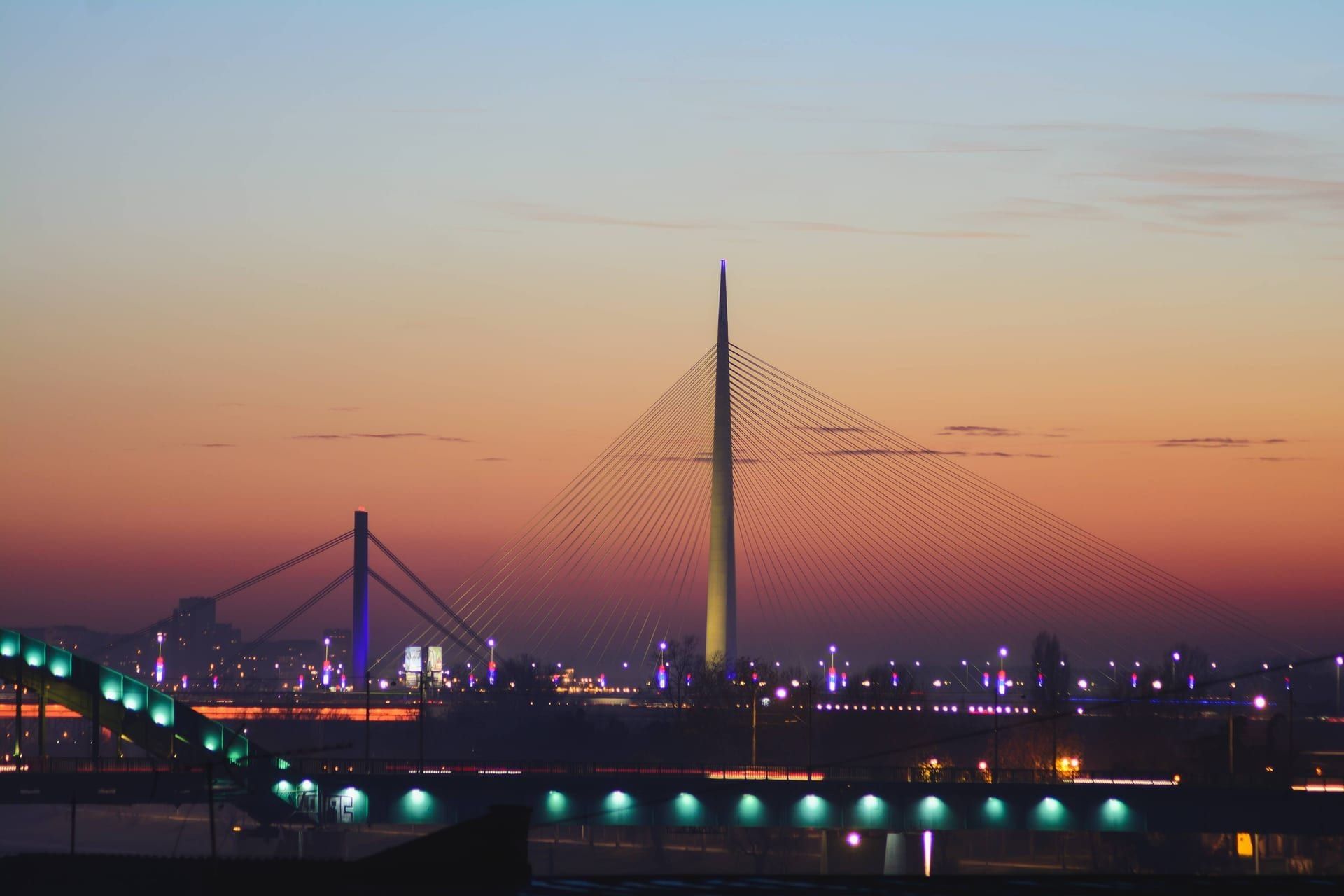 Ada Bridge at sunset, Belgrade